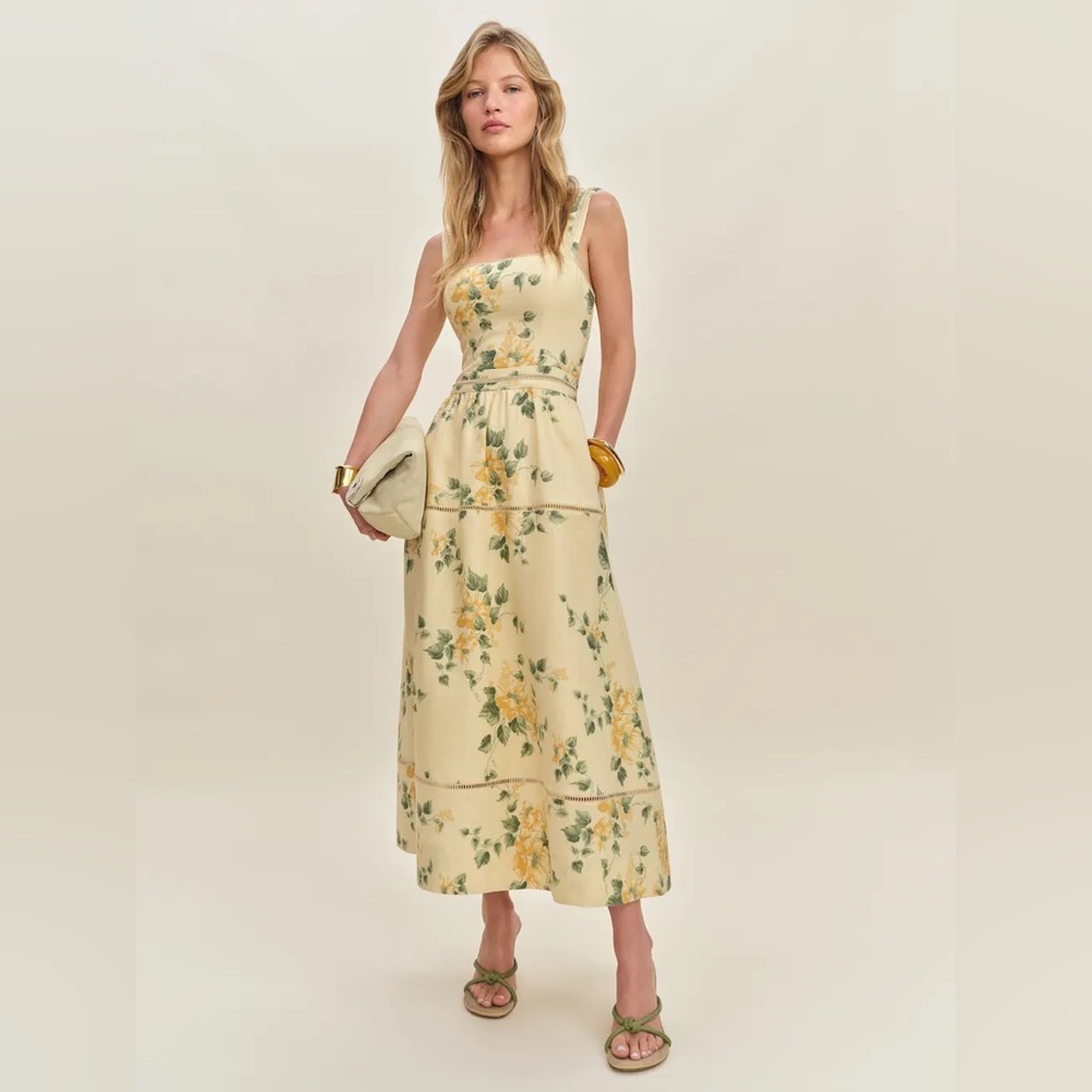 NEW Reformation Everett Linen Midi Dress Radiance Yellow Floral | US 4 UK 8 - Picture 4 of 16